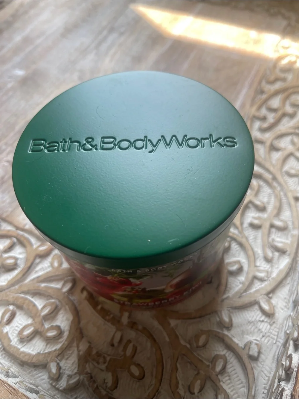 Bath & Body Works Strawberry Kiwi Candle with Green Lid and Red Label Art